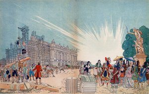 Opførelsen af slottet i Versailles i 1678 efter tegninger af Jules Hardouin Mansart, med Frankrigs konge Ludvig XIV i forgrunden - Illustration af Sylvain Sauvage (1888-1948) for